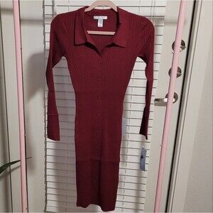 London Times Long Sleeve Collared Ribbed Sweater Dress Fig Women's Small